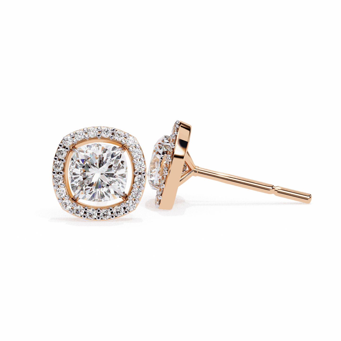 1 Carat Cushion and Round Stud Earrings in Moissanite | House of Estara