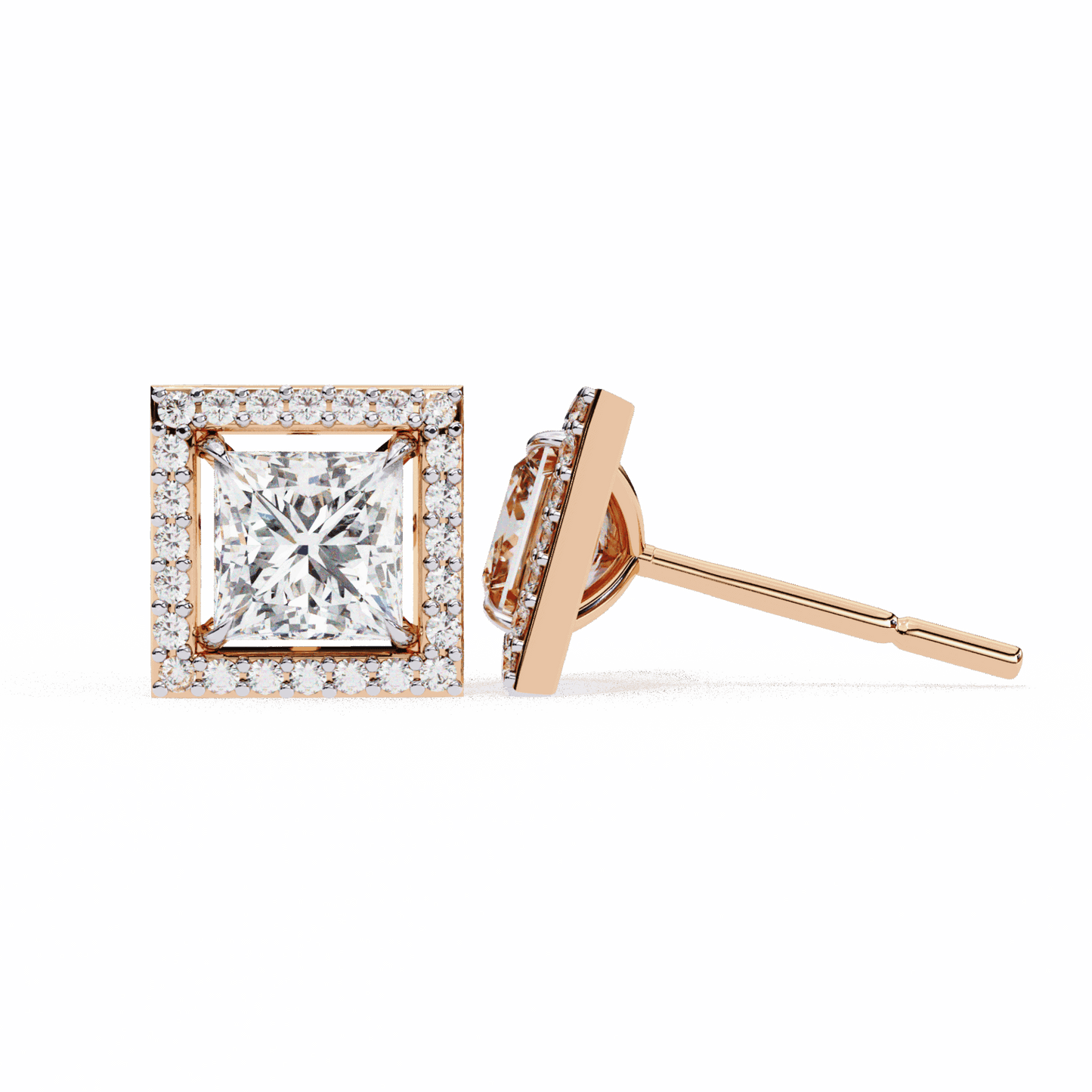 0.8 Carat Princess and Round Halo Stud Earrings in Moissanite | House of Estara