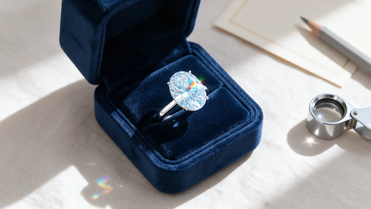 Oval moissanite solitaire engagement ring in an open navy ring box beside a jeweler's loupe (AI-generated editorial image)