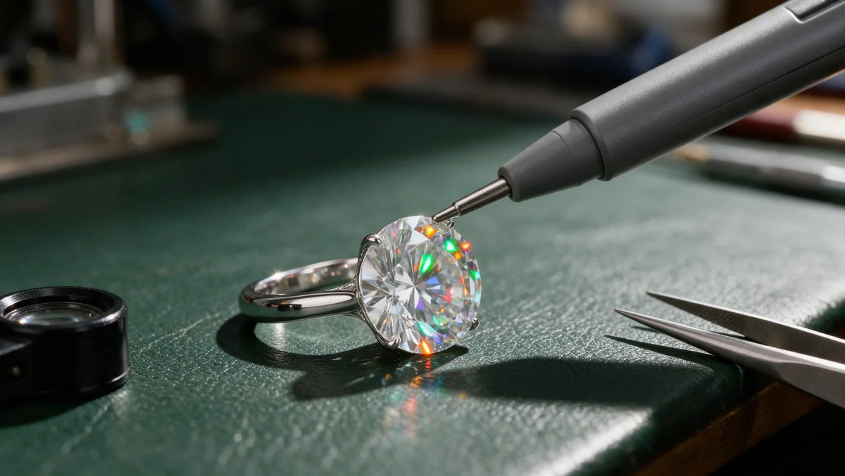 A handheld diamond tester touching a moissanite solitaire ring on a jeweler's bench (AI-generated editorial image)