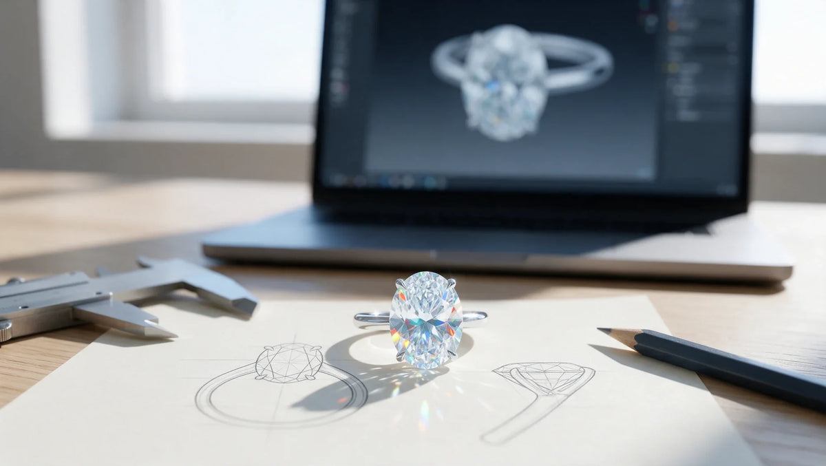 Oval moissanite engagement ring on a pencil design sketch with a 3D CAD model on a laptop behind it (AI-generated editorial image)