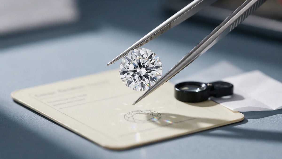 A loose round lab grown diamond held in tweezers above a plain grading card with a loupe (AI-generated editorial image)