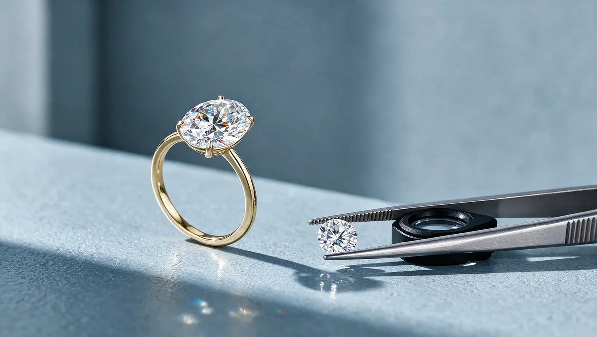 Oval lab grown diamond solitaire ring in yellow gold beside a loose round diamond held in tweezers (AI-generated editorial image)