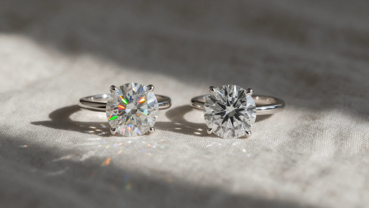 Two identical round solitaire rings, one moissanite with colorful fire and one lab grown diamond with white sparkle (AI-generated editorial image)