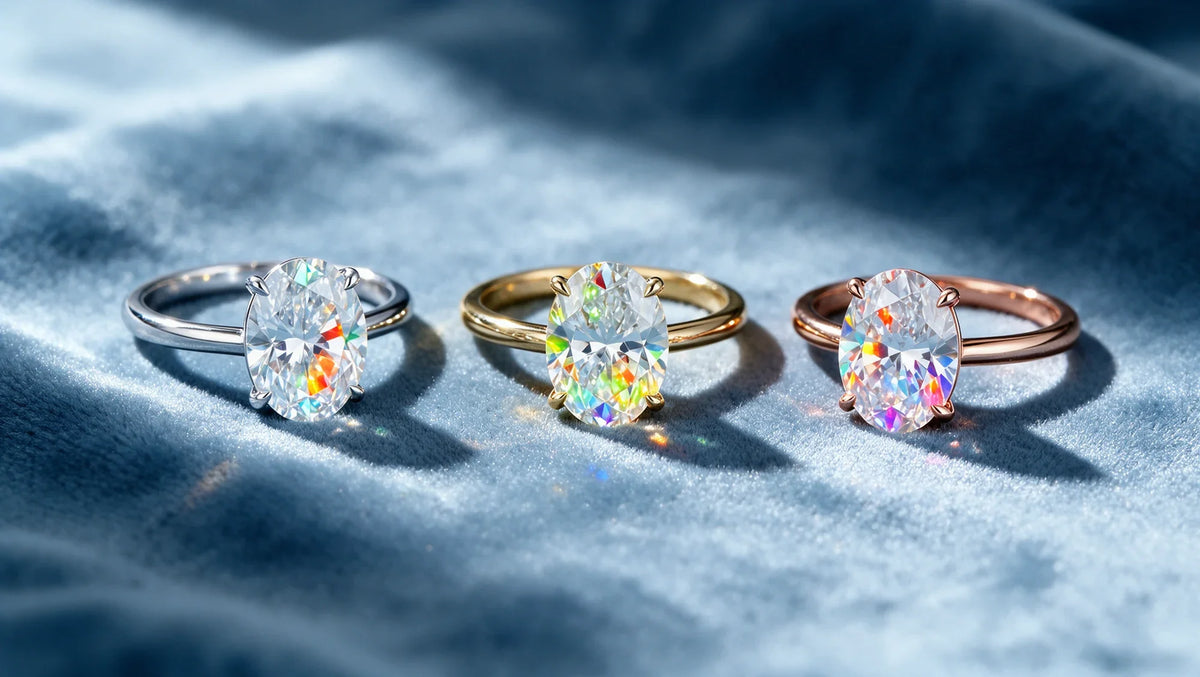 Three oval moissanite solitaire rings in sterling silver, 14K yellow gold and 14K rose gold on blue velvet (AI-generated illustration)