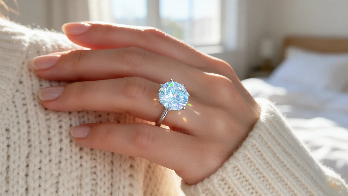 Round moissanite solitaire engagement ring worn on a hand resting on a cream knit sweater (AI-generated editorial image)