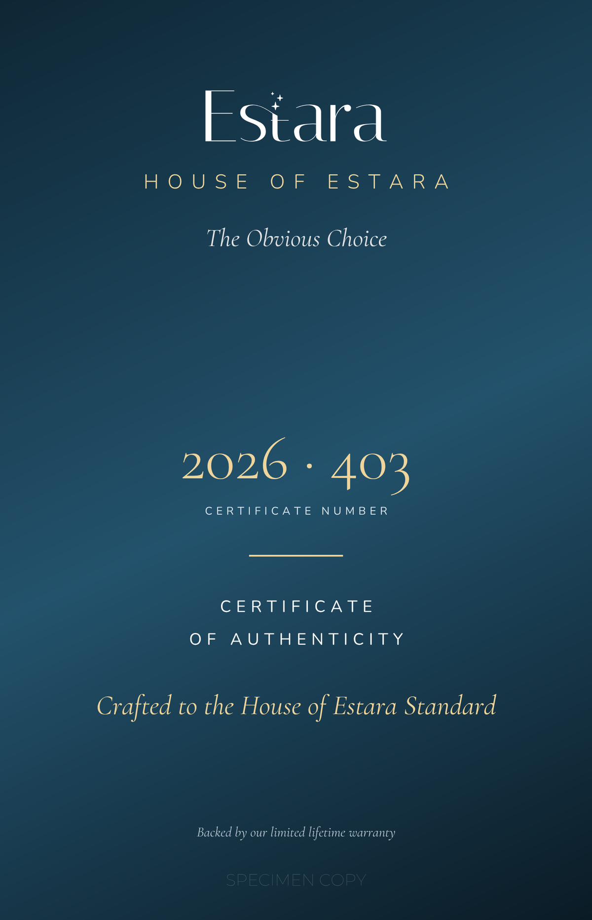 House of Estara certificate of authenticity