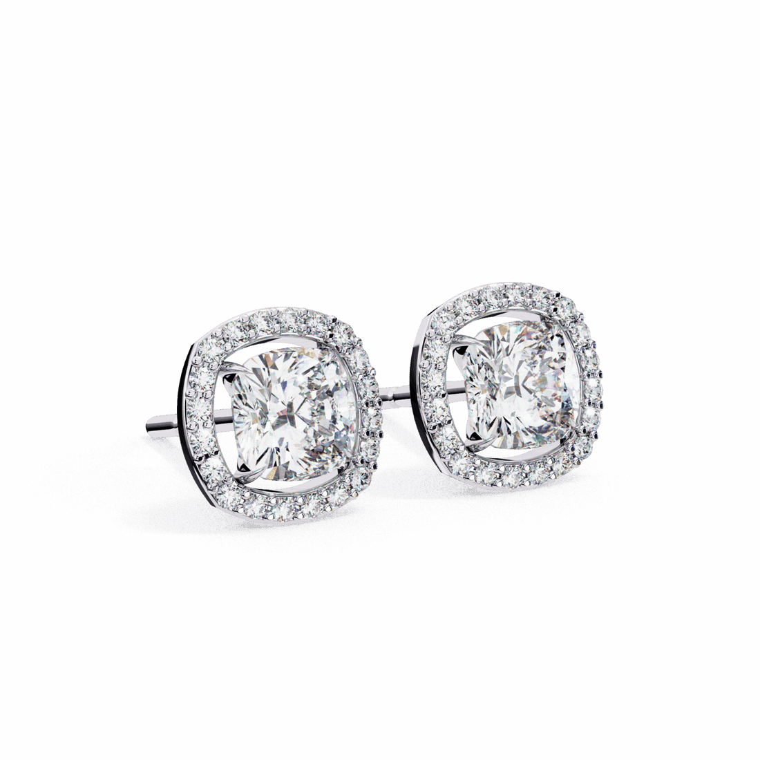 1 Carat Cushion and Round Stud Earrings in Moissanite | House of Estara