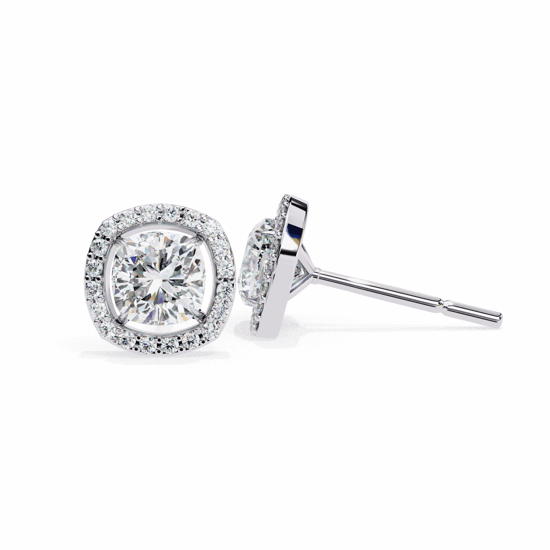 1 Carat Cushion and Round Stud Earrings in Moissanite | House of Estara