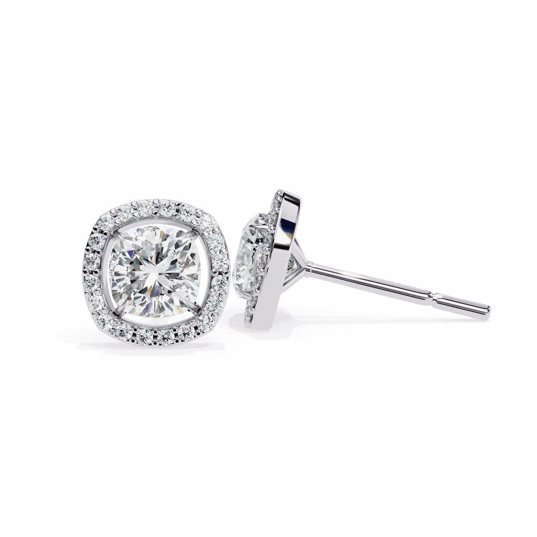 1 Carat Cushion and Round Stud Earrings in Moissanite | House of Estara