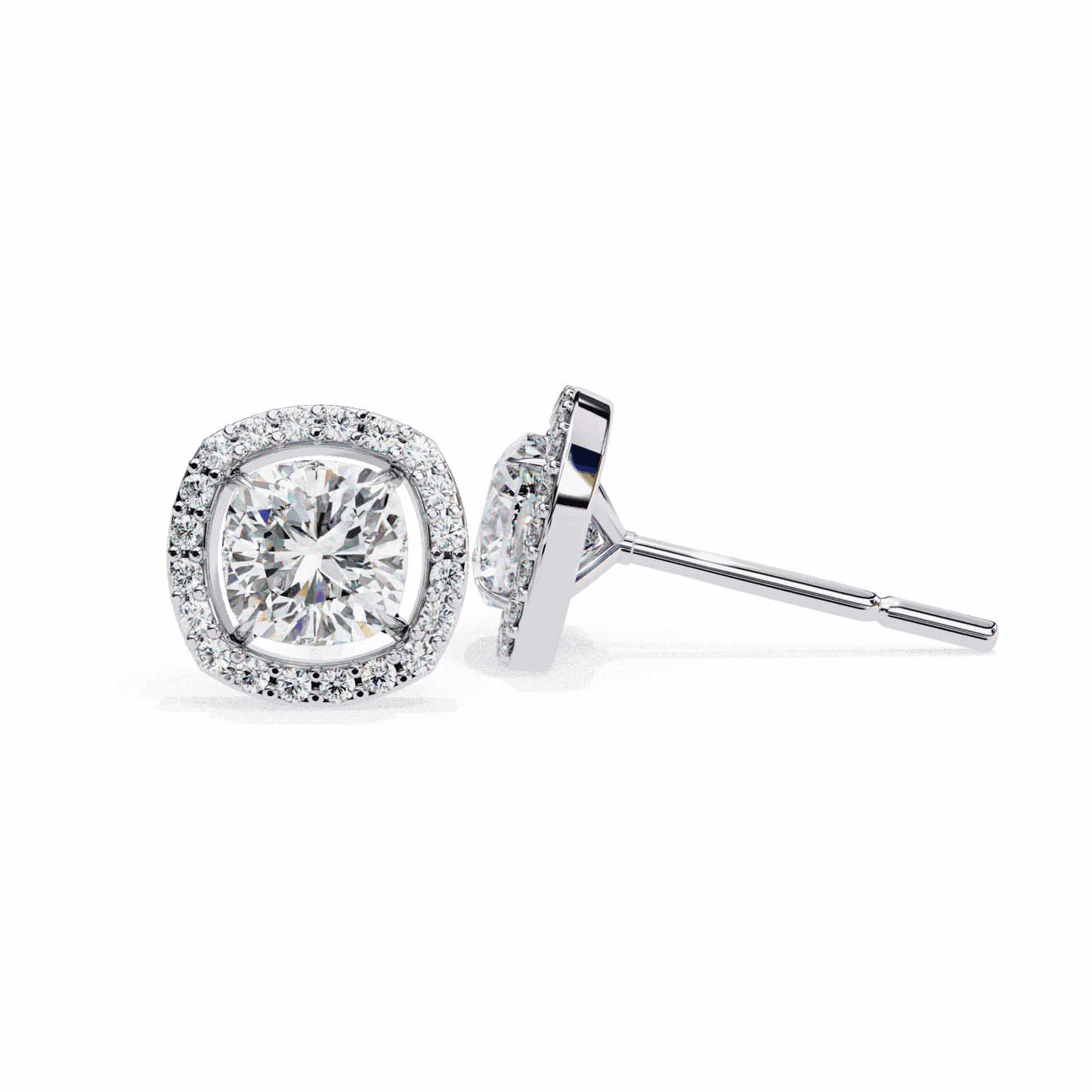 1 Carat Cushion and Round Stud Earrings in Moissanite | House of Estara