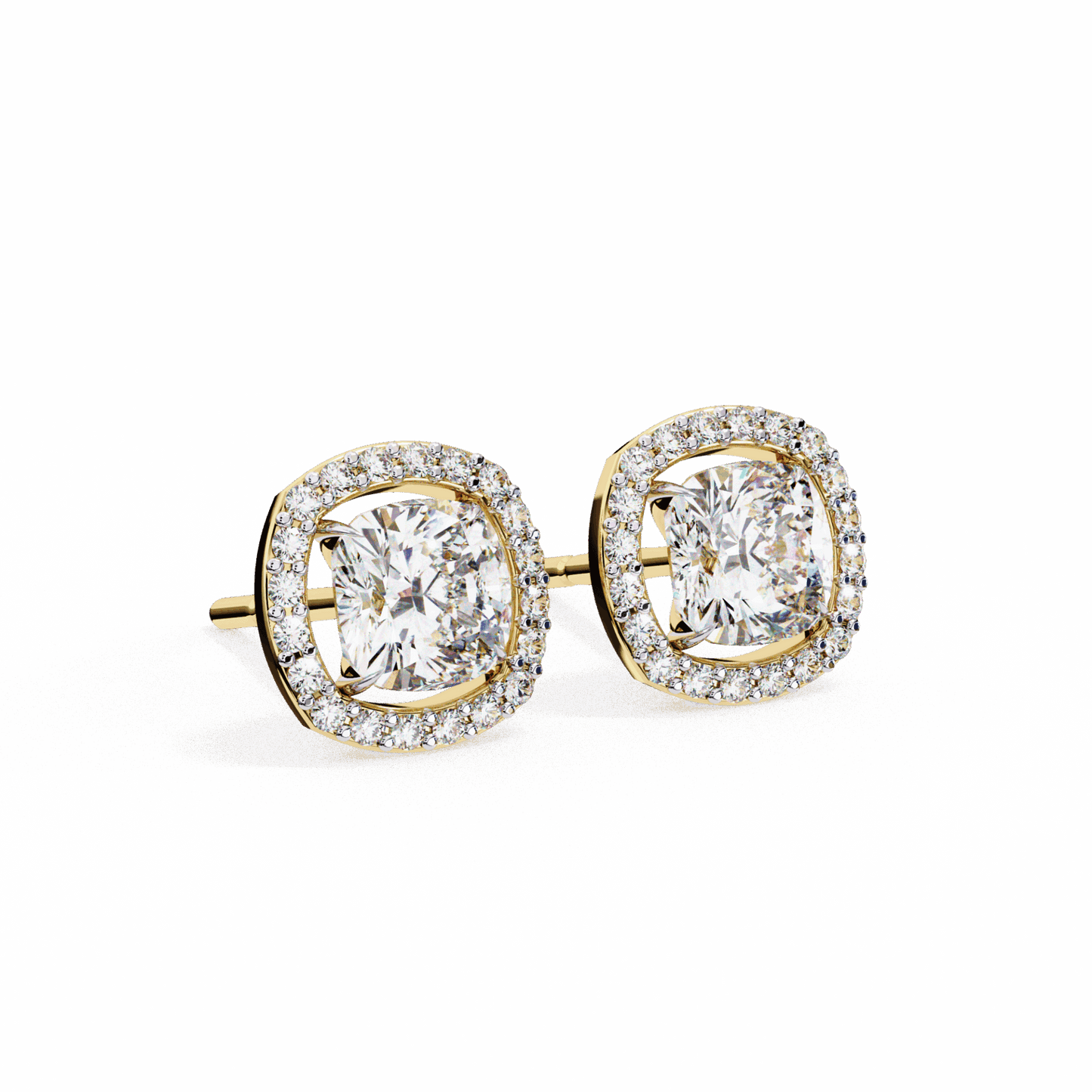 1 Carat Cushion and Round Stud Earrings in Moissanite | House of Estara