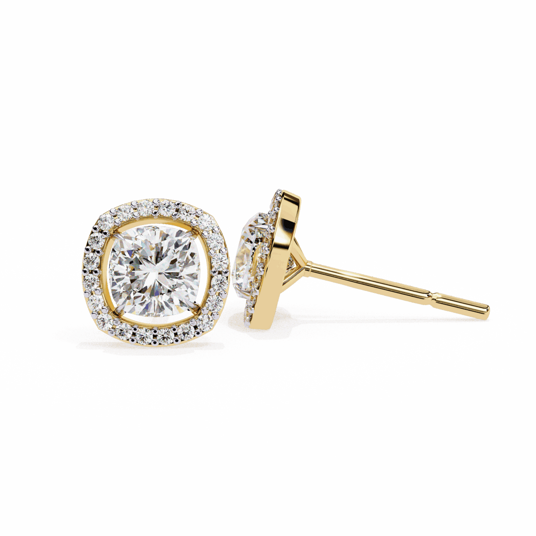 1 Carat Cushion and Round Stud Earrings in Moissanite | House of Estara