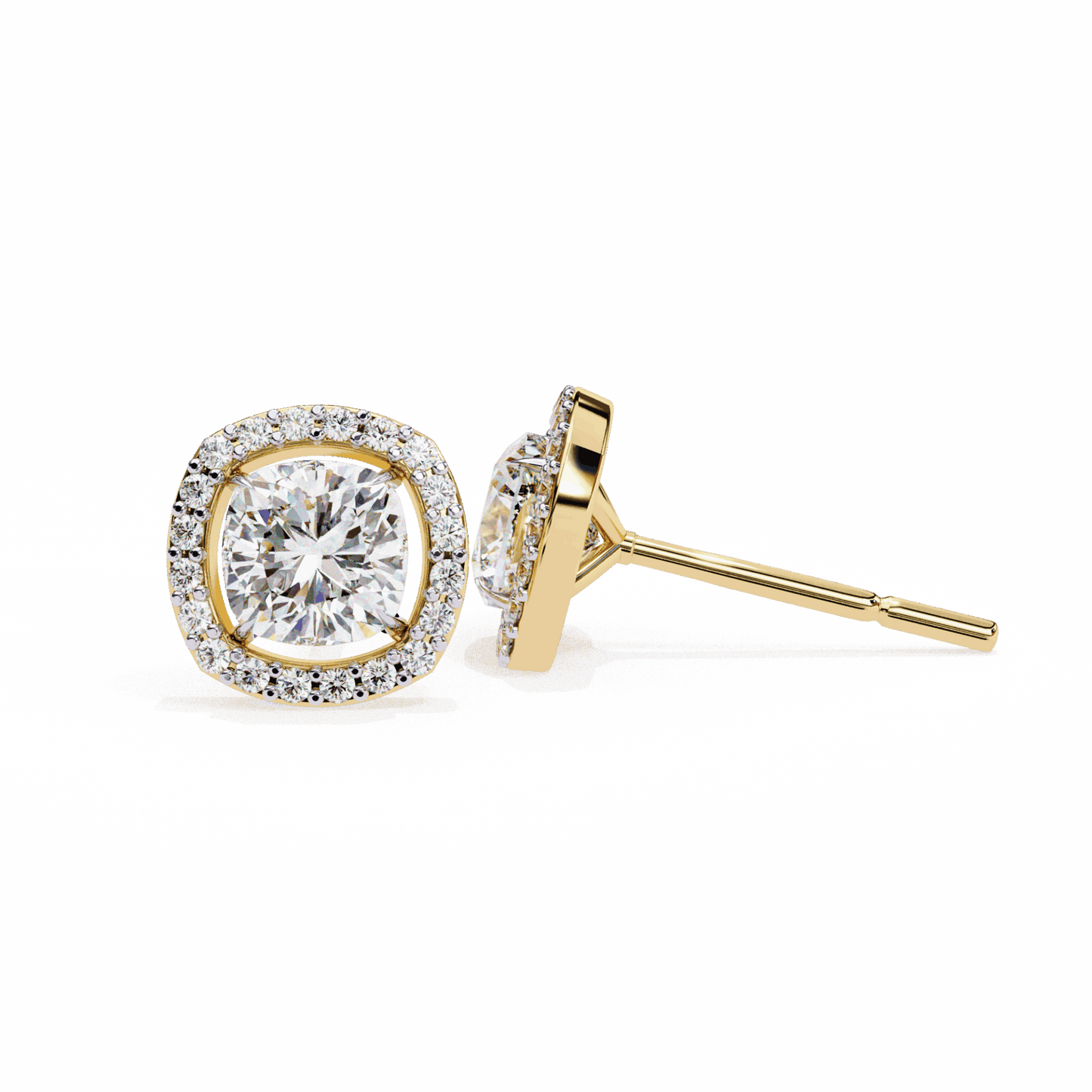 1 Carat Cushion and Round Stud Earrings in Moissanite | House of Estara