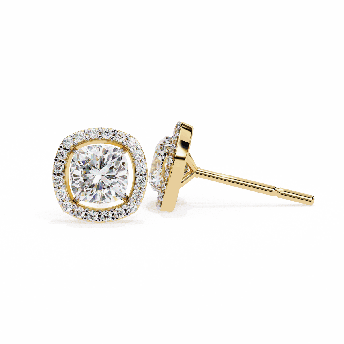 1 Carat Cushion and Round Stud Earrings in Moissanite | House of Estara