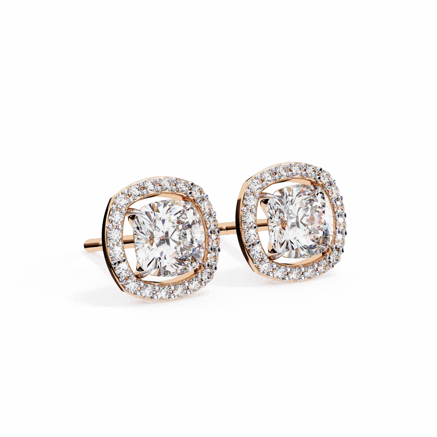 1 Carat Cushion and Round Stud Earrings in Moissanite | House of Estara