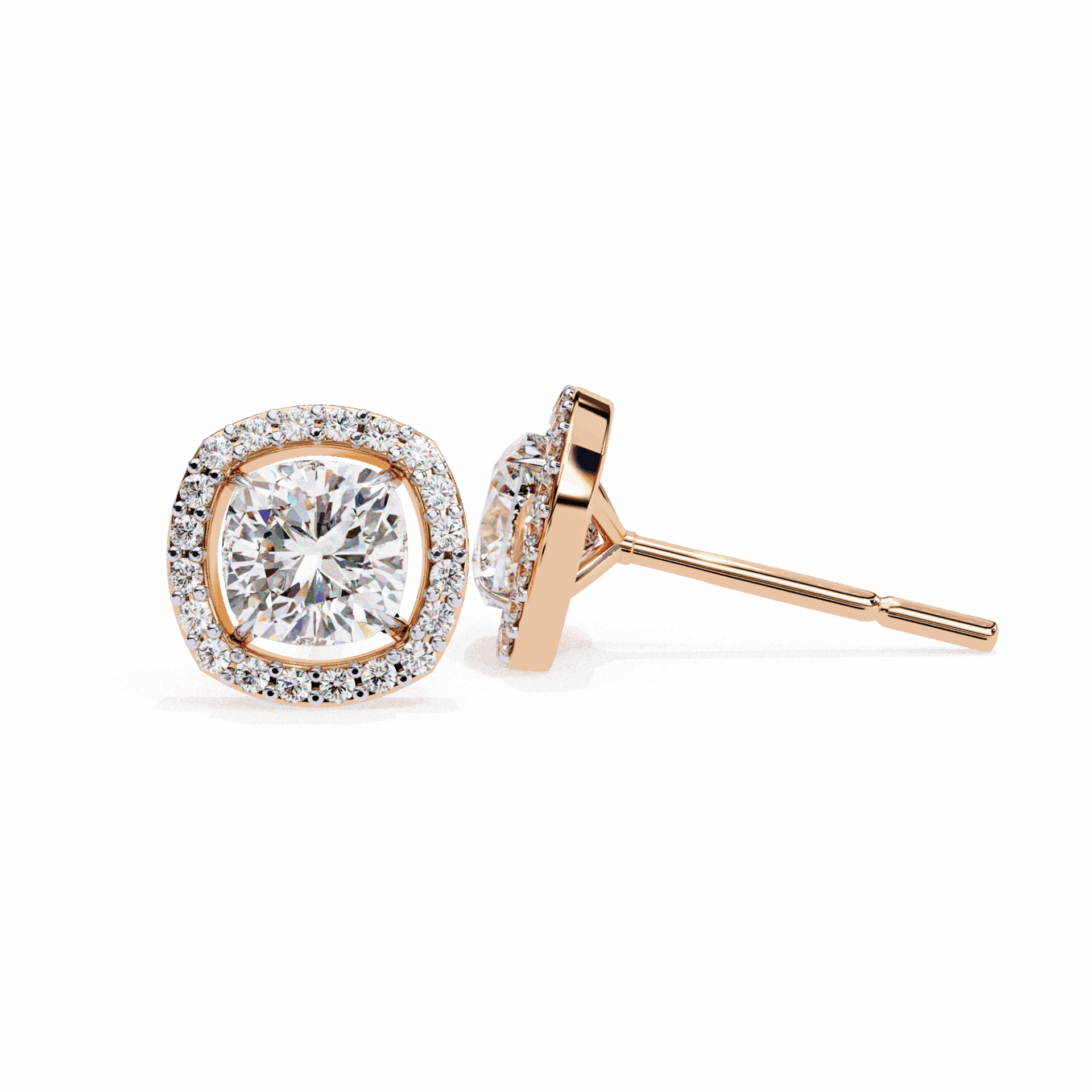 1 Carat Cushion and Round Stud Earrings in Moissanite | House of Estara