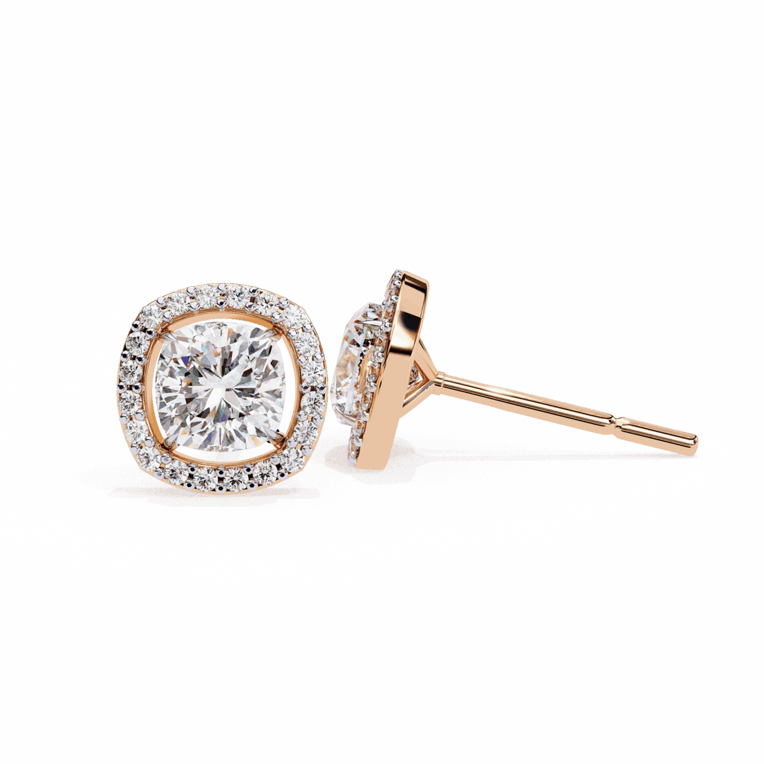 1 Carat Cushion and Round Stud Earrings in Moissanite | House of Estara