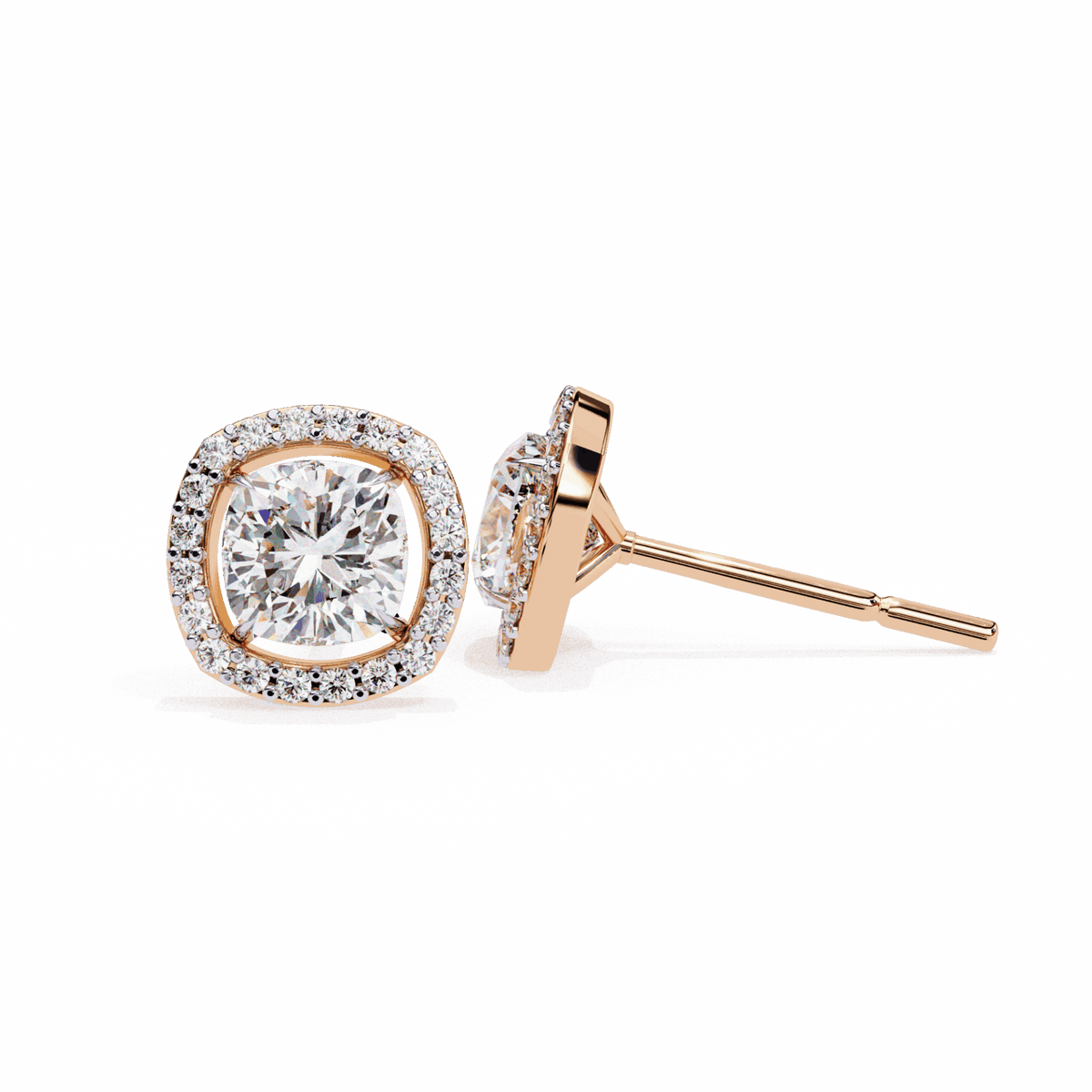 1 Carat Cushion and Round Stud Earrings in Moissanite | House of Estara