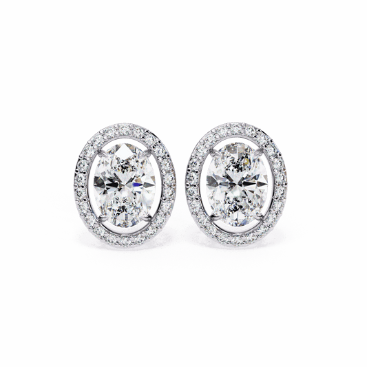 1 Carat Oval and Round Halo Stud Earrings in Moissanite | House of Estara