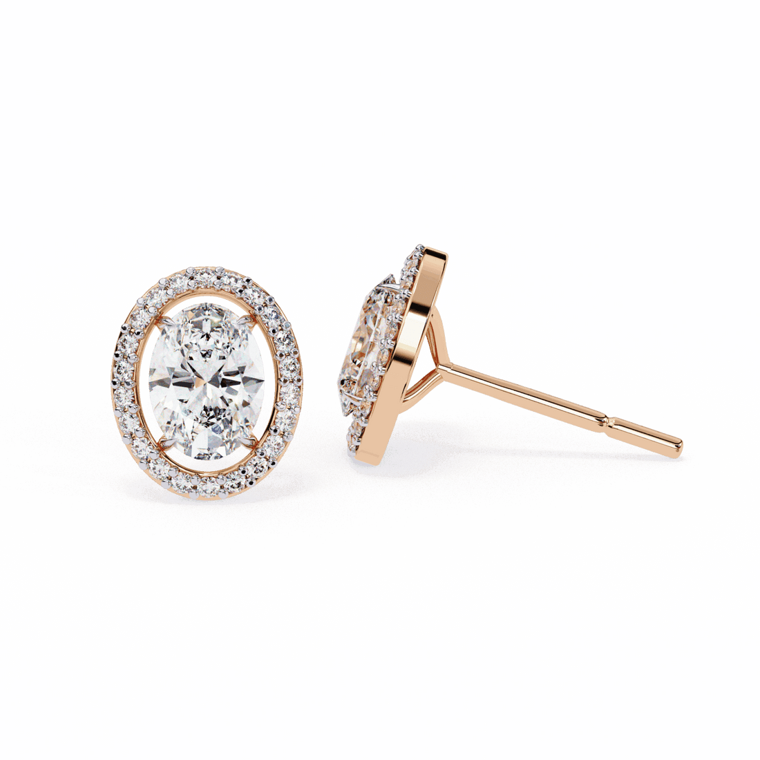 1 Carat Oval and Round Halo Stud Earrings in Moissanite | House of Estara