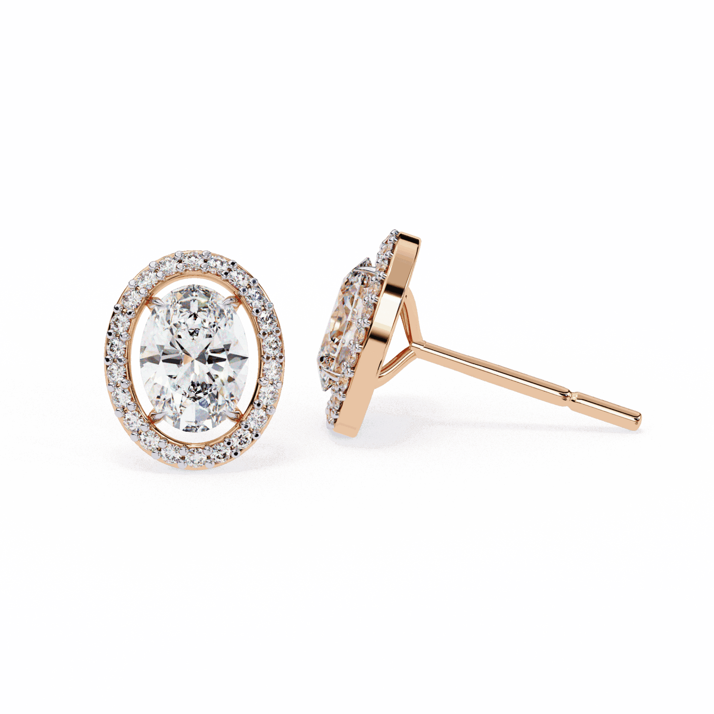 1 Carat Oval and Round Halo Stud Earrings in Moissanite | House of Estara