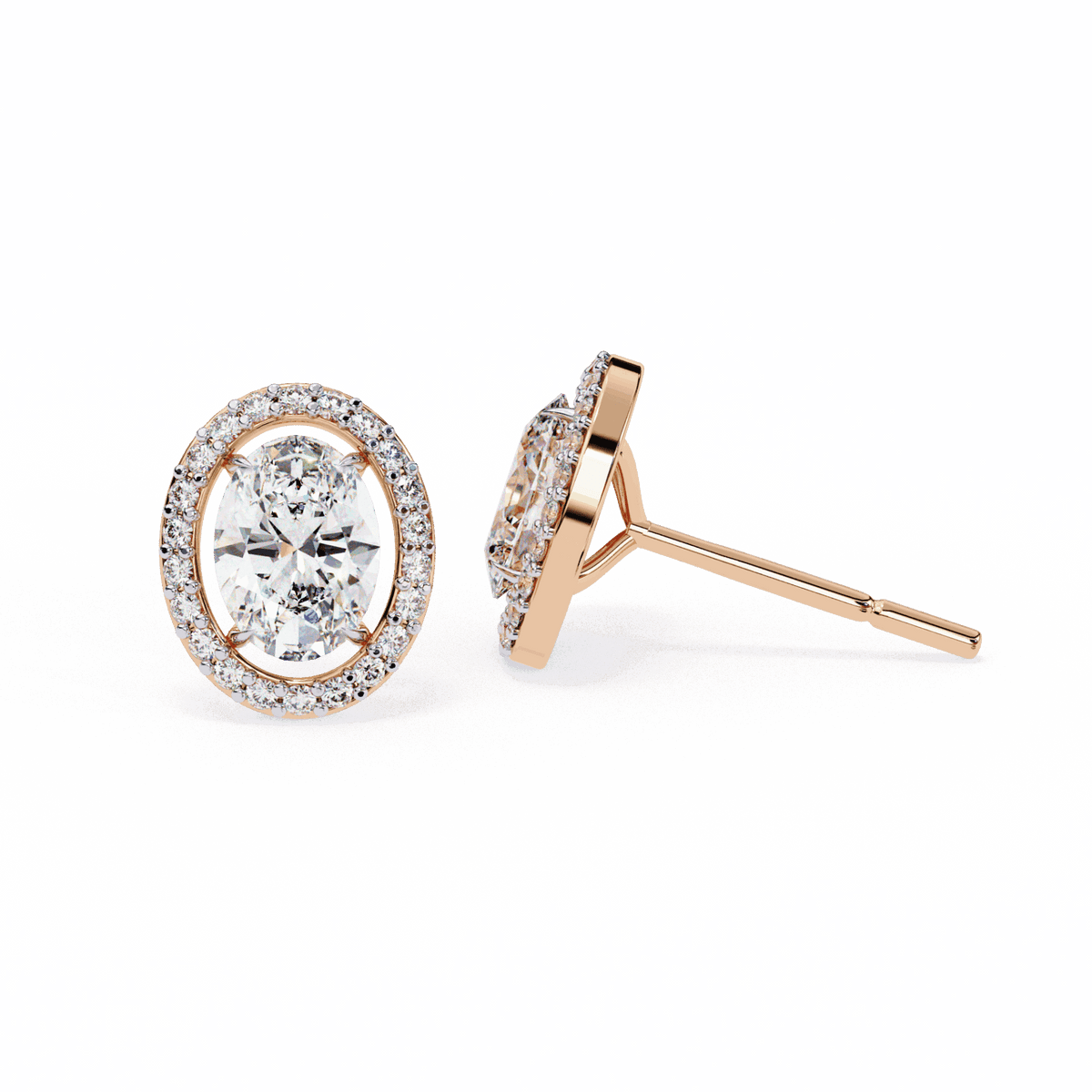 1 Carat Oval and Round Halo Stud Earrings in Moissanite | House of Estara