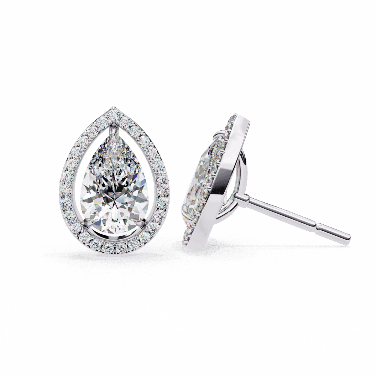 0.8 Carat Pear and Round Halo Stud Earrings in Moissanite | House of Estara