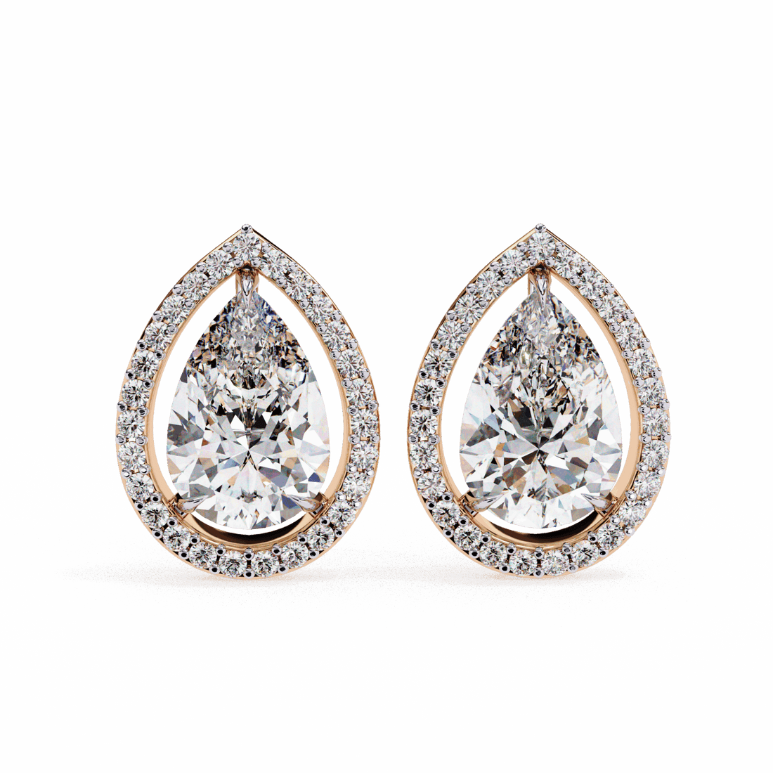 0.8 Carat Pear and Round Halo Stud Earrings in Moissanite | House of Estara