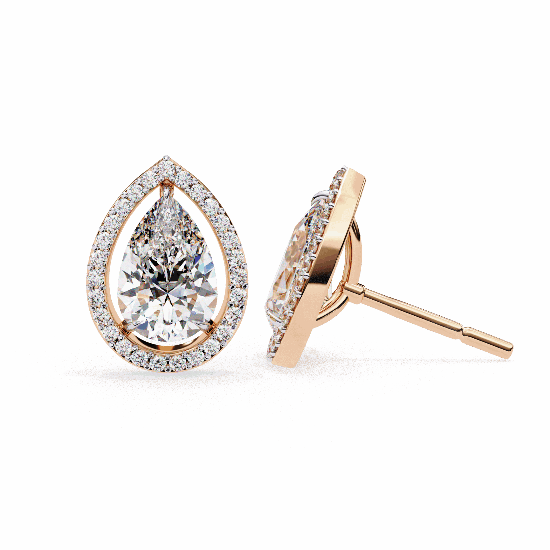 0.8 Carat Pear and Round Halo Stud Earrings in Moissanite | House of Estara