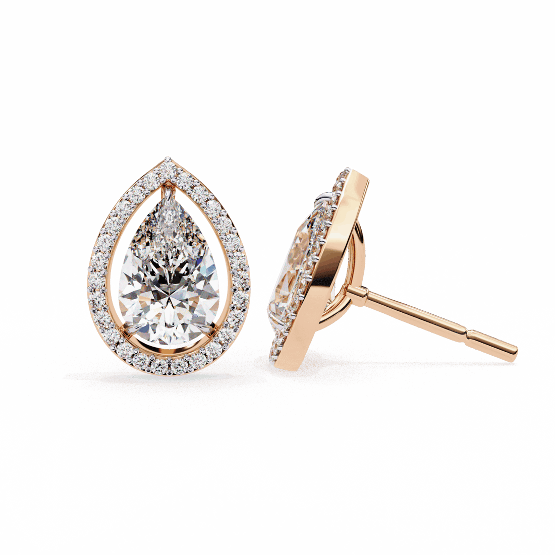 0.8 Carat Pear and Round Halo Stud Earrings in Moissanite | House of Estara