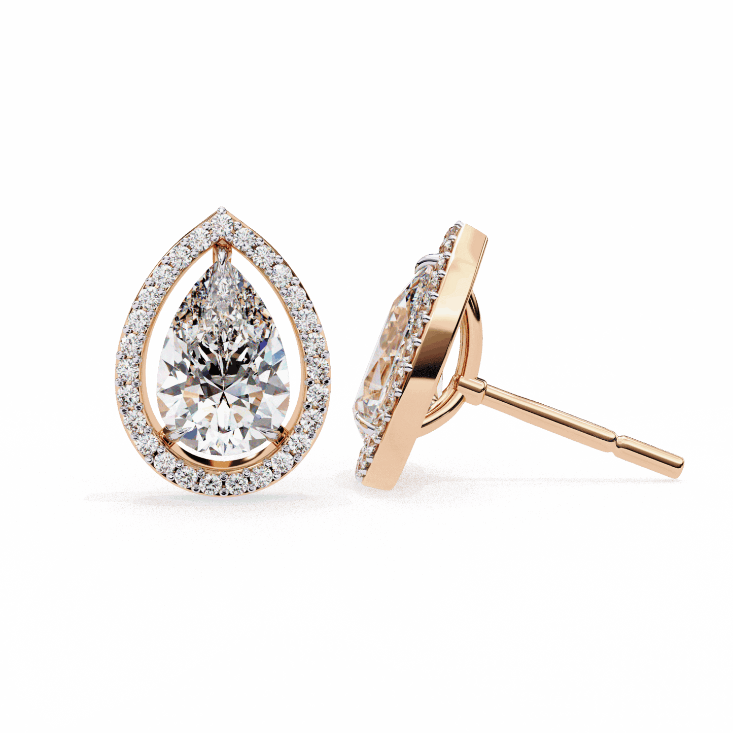 0.8 Carat Pear and Round Halo Stud Earrings in Moissanite | House of Estara