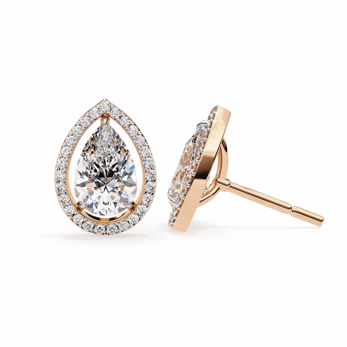 0.8 Carat Pear and Round Halo Stud Earrings in Moissanite | House of Estara