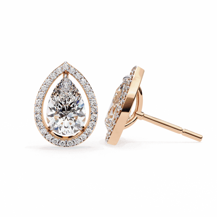 0.8 Carat Pear and Round Halo Stud Earrings in Moissanite | House of Estara