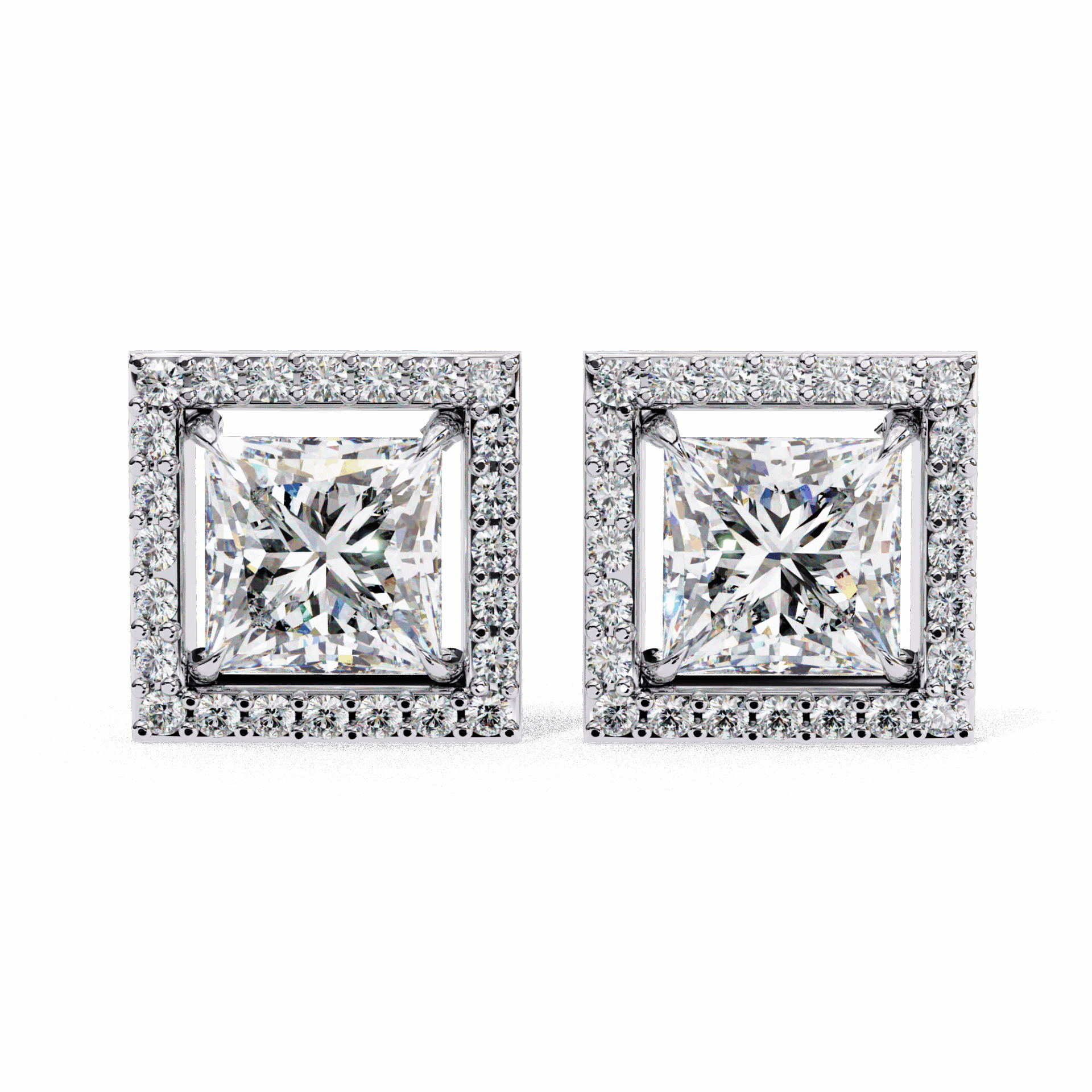 0.8 Carat Princess and Round Halo Stud Earrings in Moissanite | House of Estara