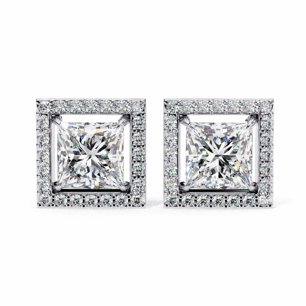 0.8 Carat Princess and Round Halo Stud Earrings in Moissanite | House of Estara
