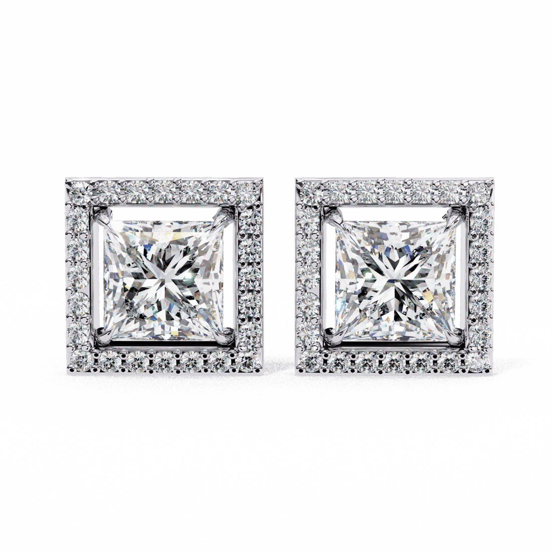 0.8 Carat Princess and Round Halo Stud Earrings in Moissanite | House of Estara