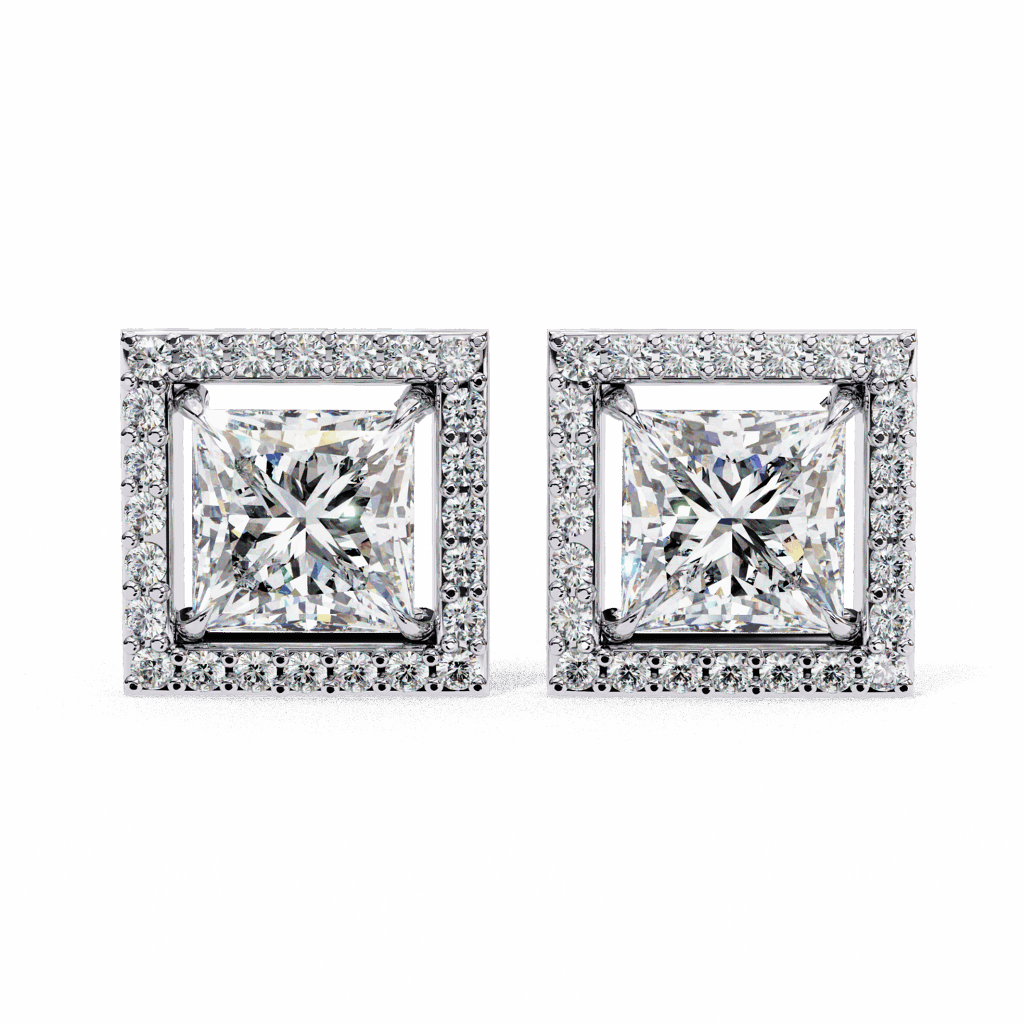 0.8 Carat Princess and Round Halo Stud Earrings in Moissanite | House of Estara