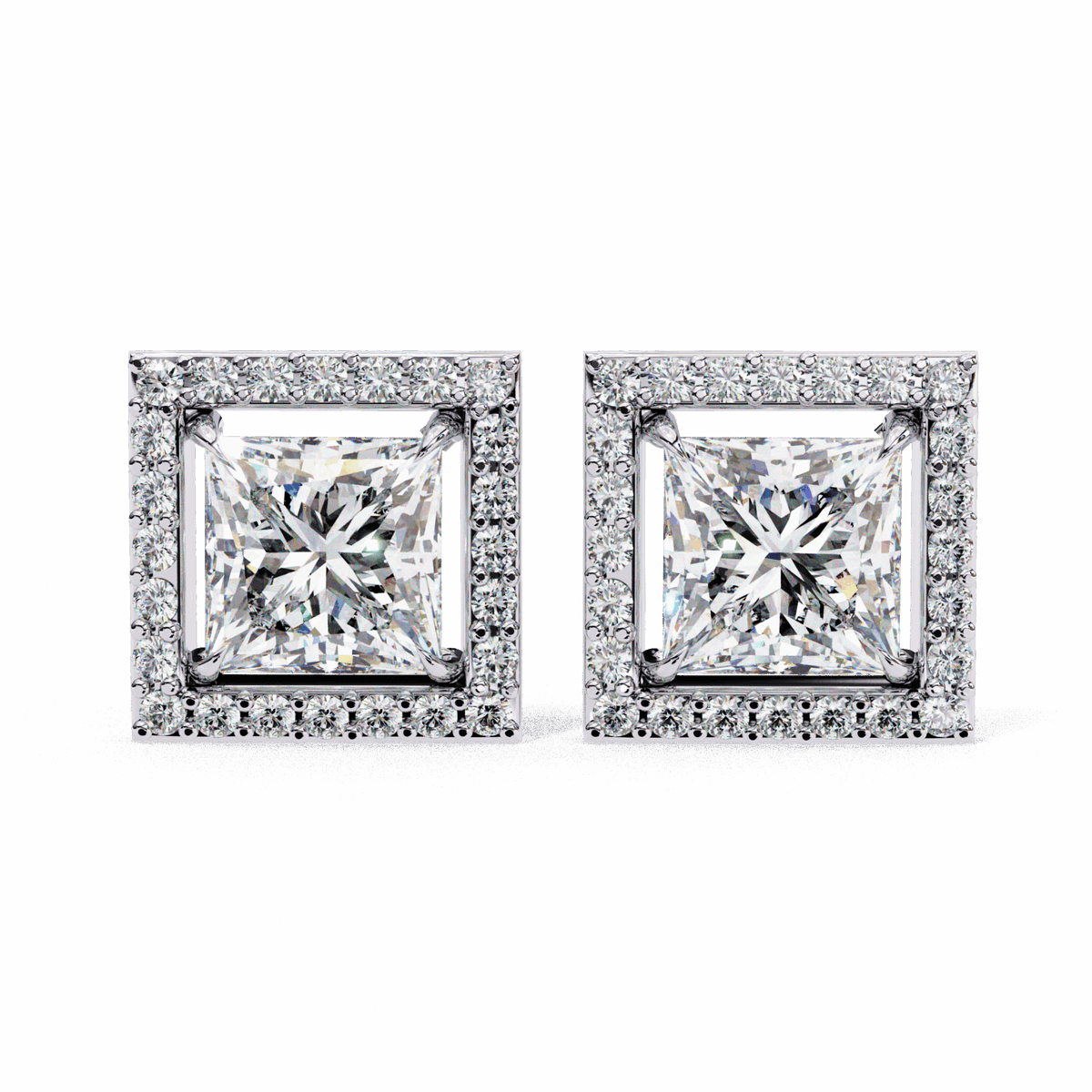 0.8 Carat Princess and Round Halo Stud Earrings in Moissanite | House of Estara