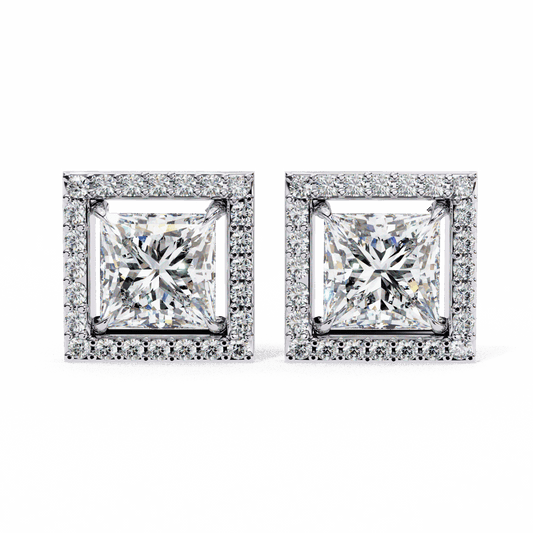 0.8 Carat Princess and Round Halo Stud Earrings in Moissanite | House of Estara