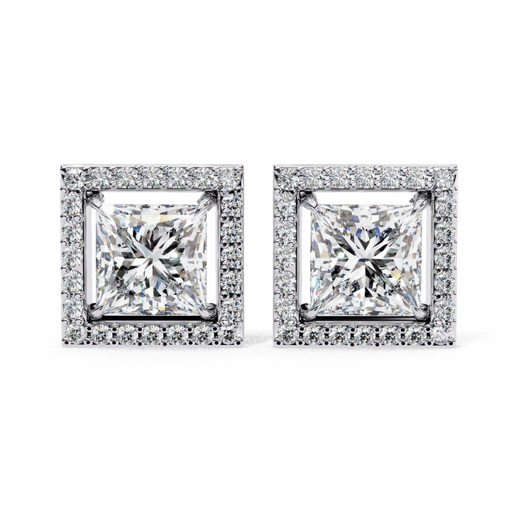 0.8 Carat Princess and Round Halo Stud Earrings in Moissanite | House of Estara