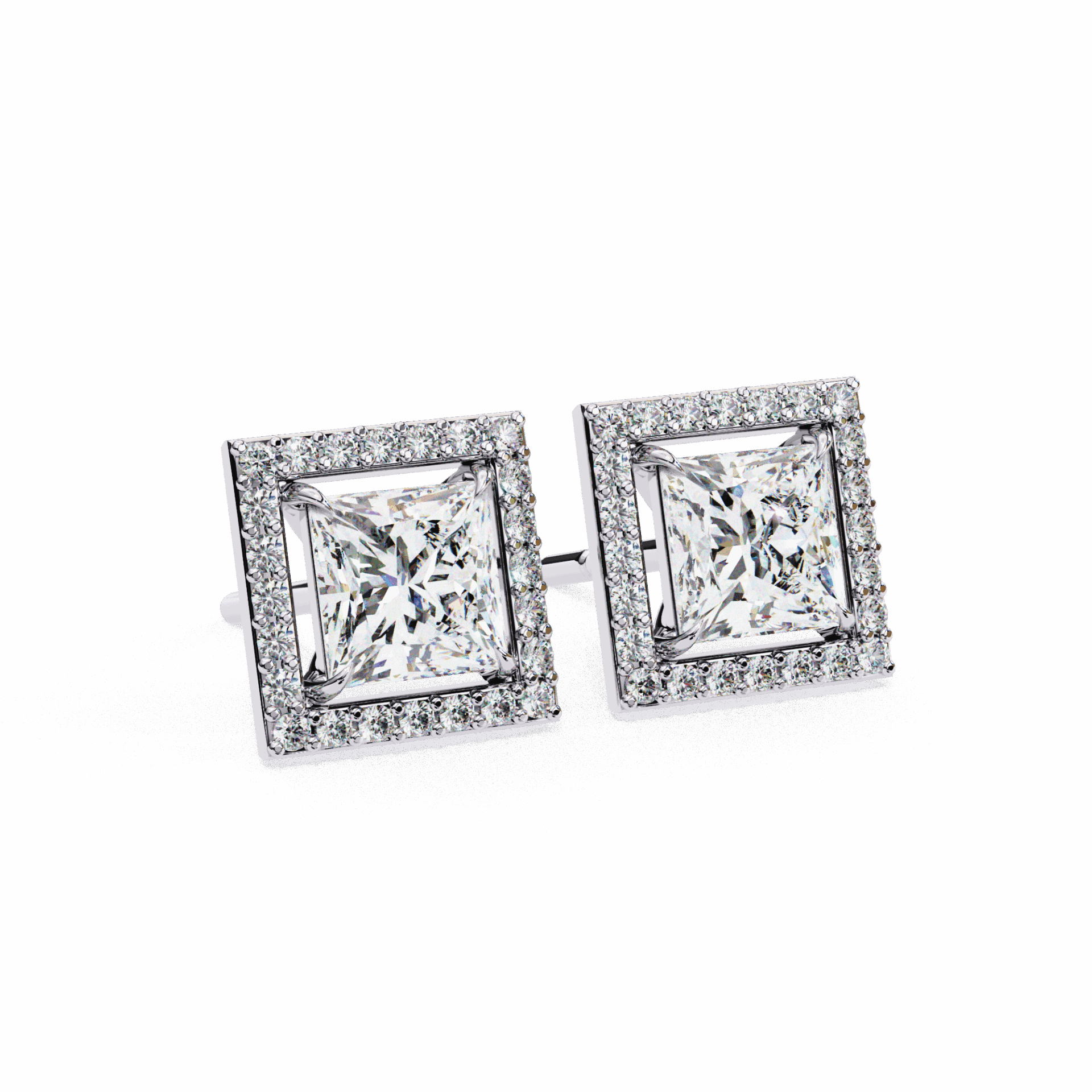 0.8 Carat Princess and Round Halo Stud Earrings in Moissanite | House of Estara