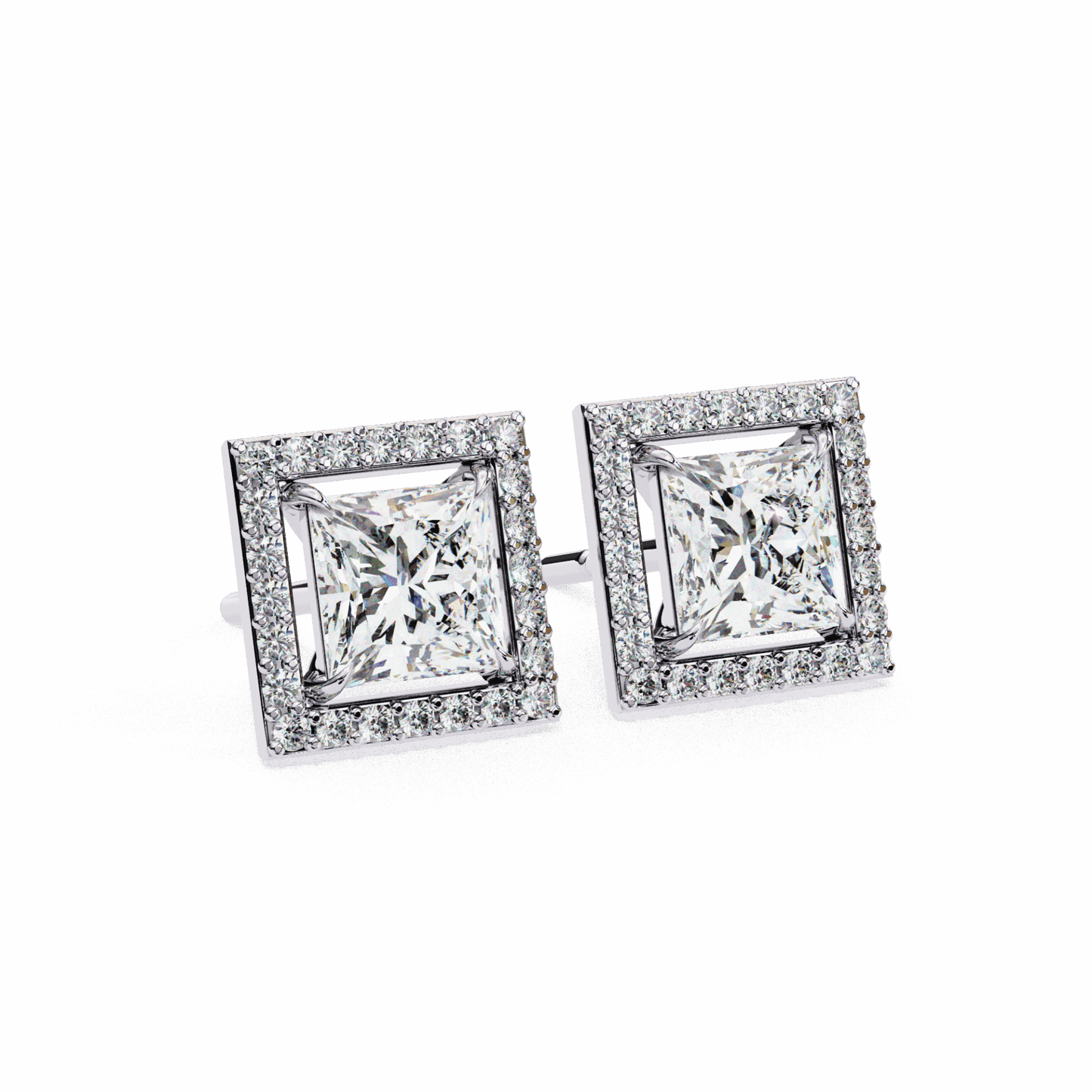 0.8 Carat Princess and Round Halo Stud Earrings in Moissanite | House of Estara