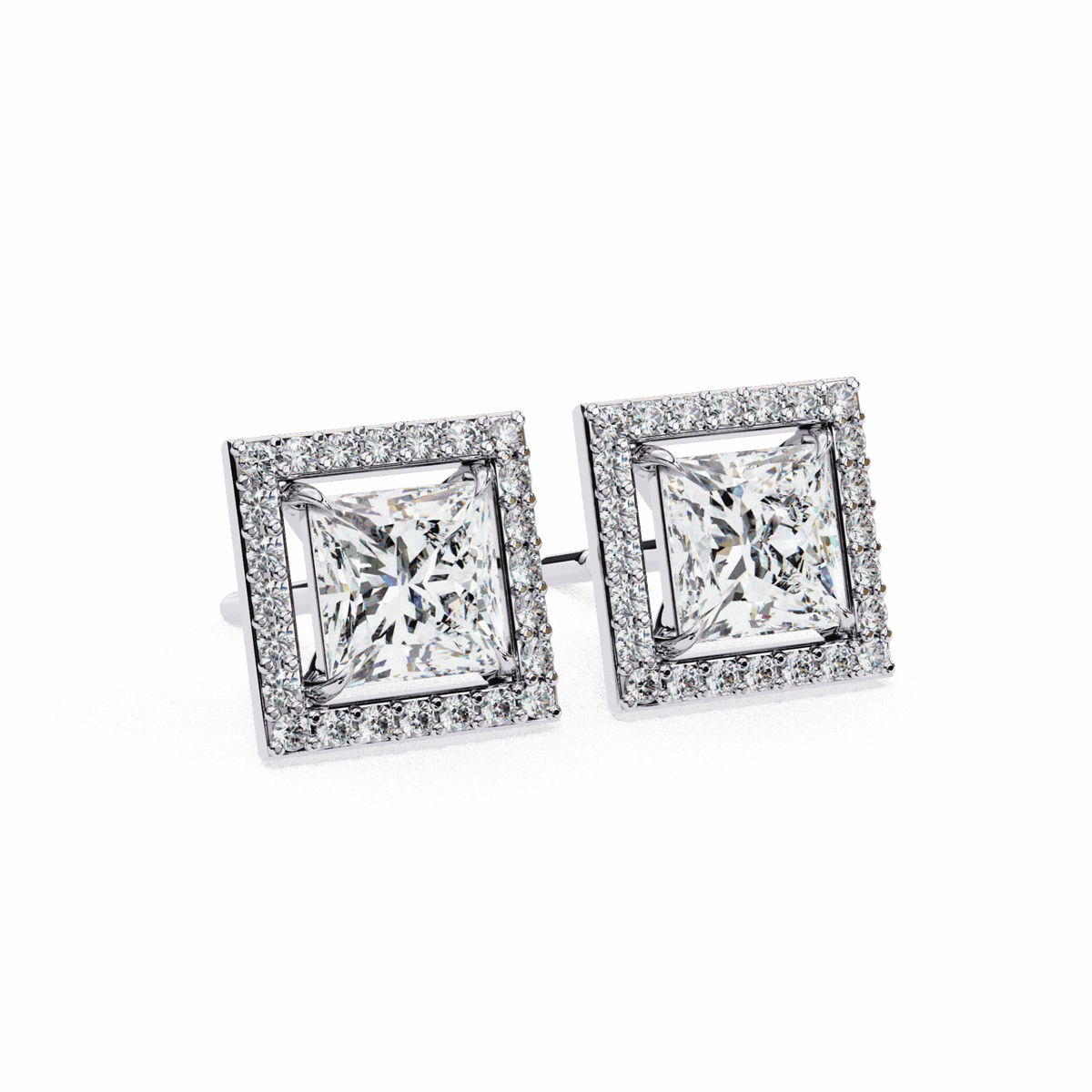 0.8 Carat Princess and Round Halo Stud Earrings in Moissanite | House of Estara