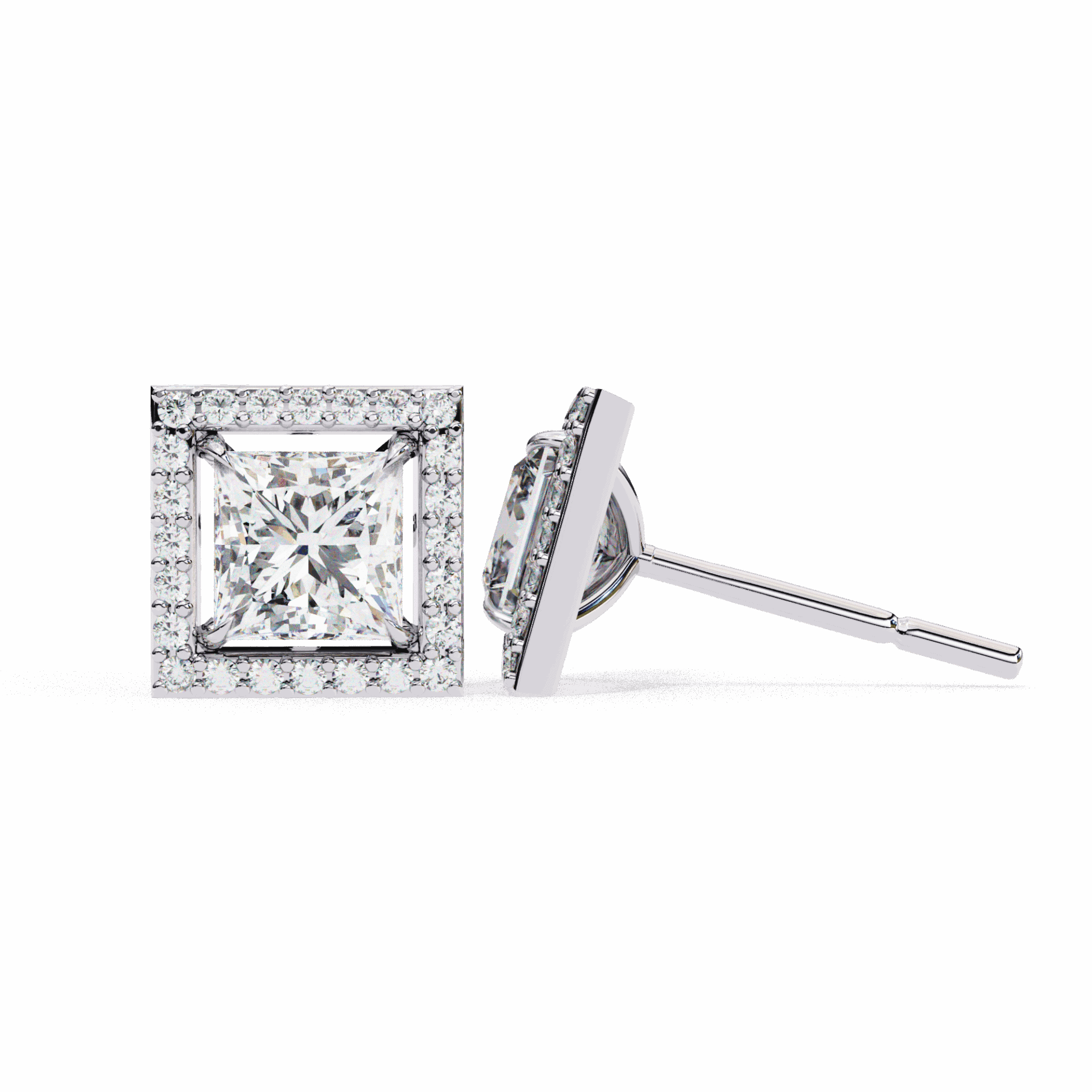0.8 Carat Princess and Round Halo Stud Earrings in Moissanite | House of Estara