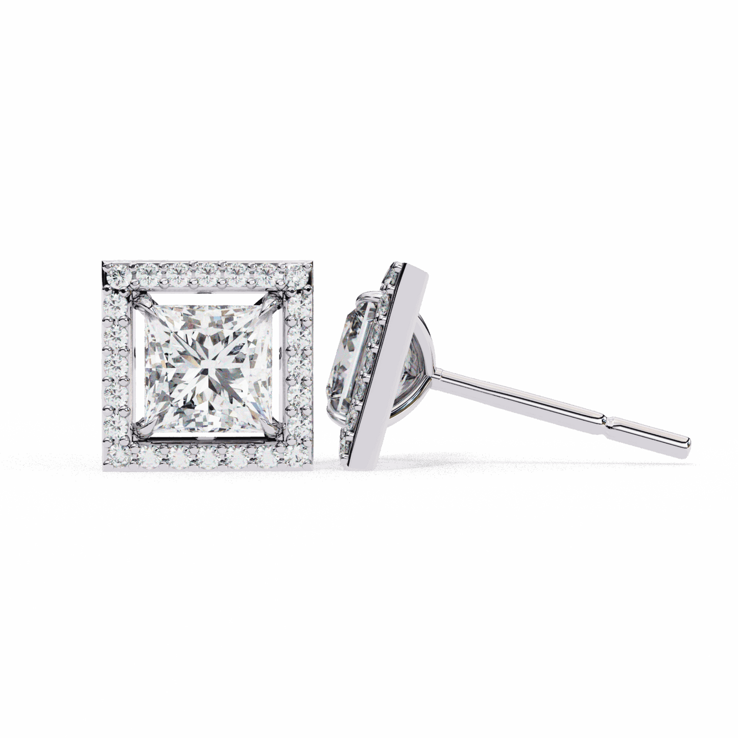0.8 Carat Princess and Round Halo Stud Earrings in Moissanite | House of Estara