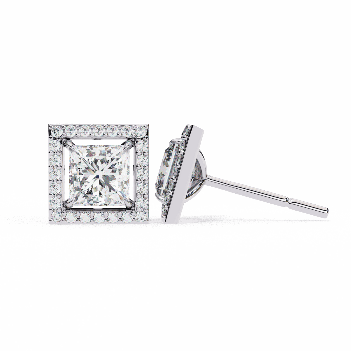0.8 Carat Princess and Round Halo Stud Earrings in Moissanite | House of Estara
