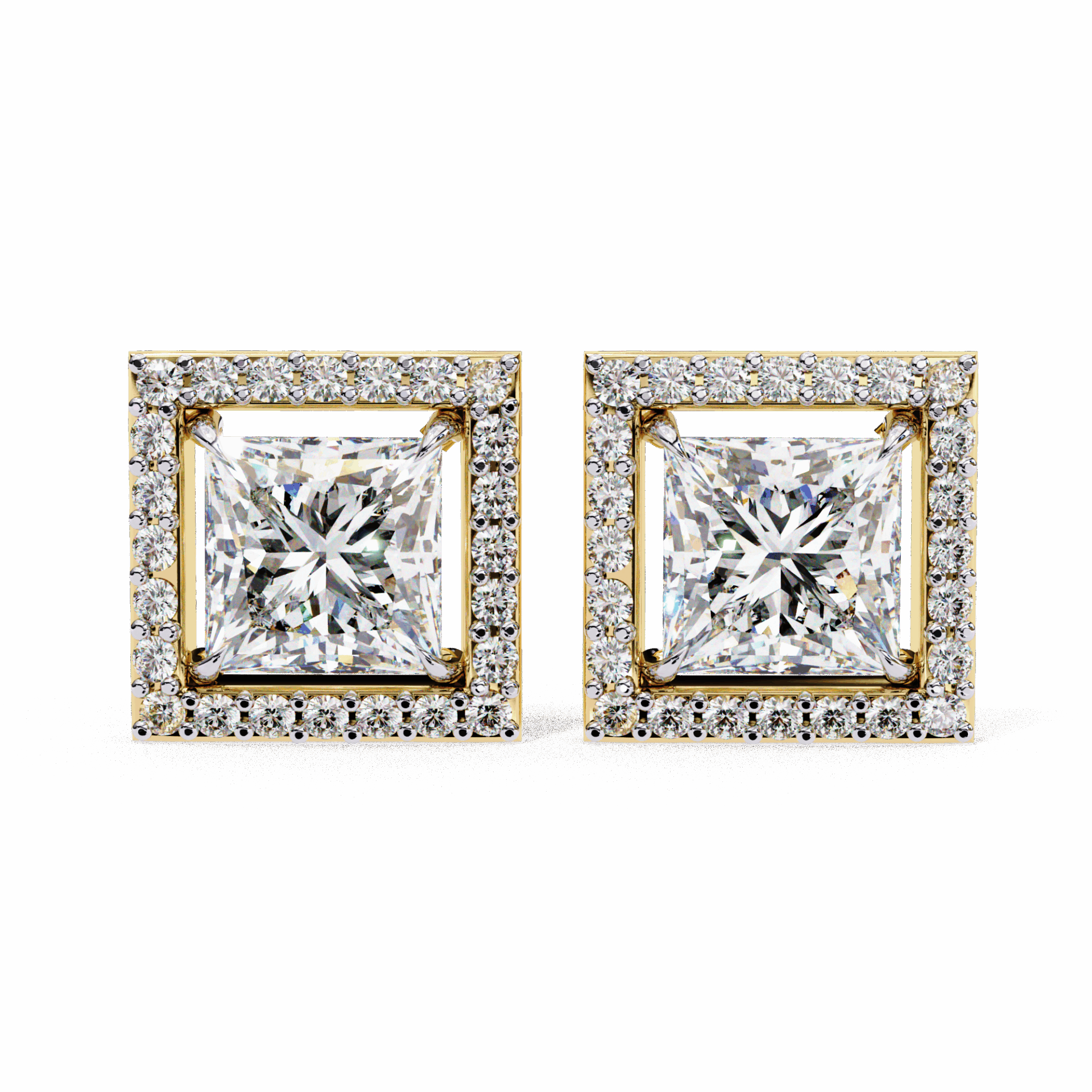 0.8 Carat Princess and Round Halo Stud Earrings in Moissanite | House of Estara