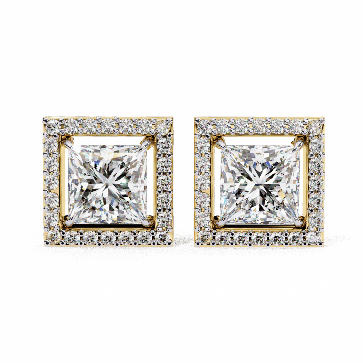 0.8 Carat Princess and Round Halo Stud Earrings in Moissanite | House of Estara