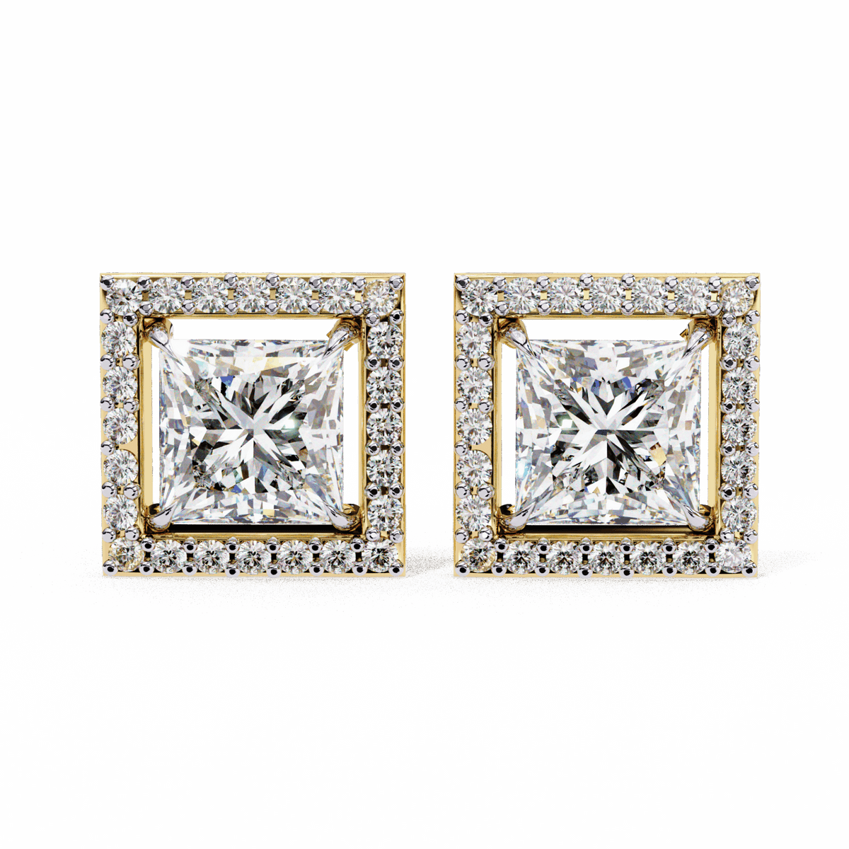 0.8 Carat Princess and Round Halo Stud Earrings in Moissanite | House of Estara